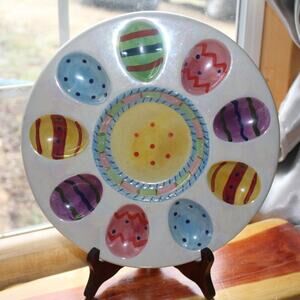 Easter Deviled Egg Tray Plate Round Colorful Iridescent Look 9 Egg Wells Center